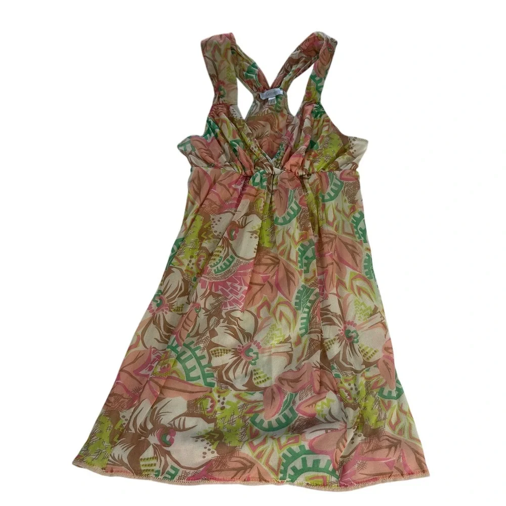 On Gossamer Multicolor Sheer Crisscross Halter Floral Mini‎ Dress Empire Waist S